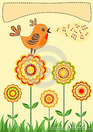 Singing bird. Greeting card. Vector Illustration