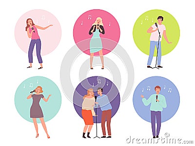 Singing characters. Adult people in karaoke club singing solo popular music vector persons isolated Vector Illustration