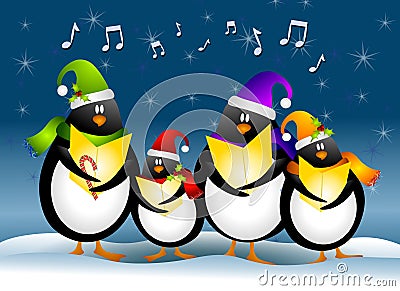 Singing Christmas Penguins Cartoon Illustration