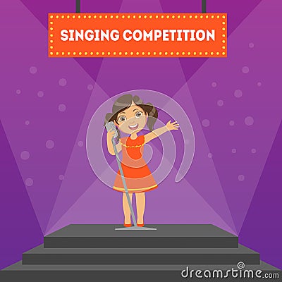 Singing Competition Banner Template, Girl Performing on Stage in Children Musical Show Vector Illustration Vector Illustration