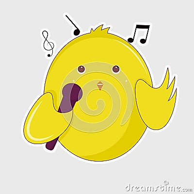 Singing Cute Bird Through Microphone Over Grey Background In Sticker Stock Photo