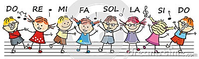 Singing and dancing children, do,re,mi,fa,sol,la,si,do, eps. Vector Illustration