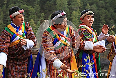 Singing and Dancing Yak Festival Participants, Bhutan Editorial Stock Photo
