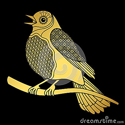 Singing doodle gold bird Vector Illustration