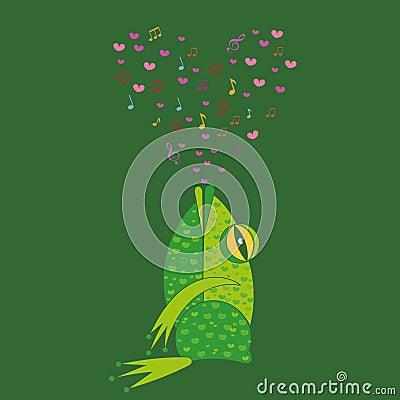 Singing frog. Template Valentine greeting cards. Vector Illustration