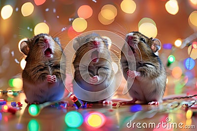 Singing Hamsters, Disco of 80s, Concert of 90s, Karaoke with Rodents, Hamster Disco, Funny Mice Singers Stock Photo