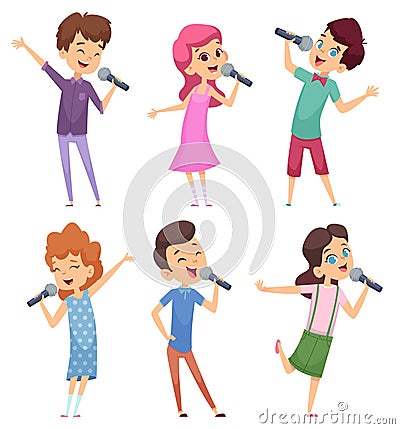 Singing kids. Happy cute childrens music voice study boys and girls standing with microphone vector characters Vector Illustration