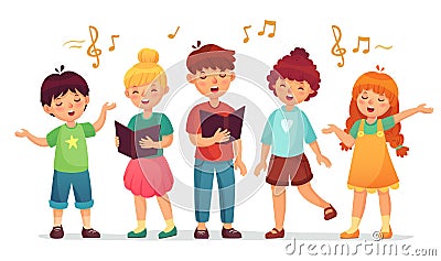 Singing kids. Music school, kid vocal group and children choir sing cartoon vector illustration Vector Illustration