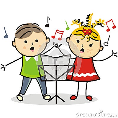 Singing kids and music stand Vector Illustration