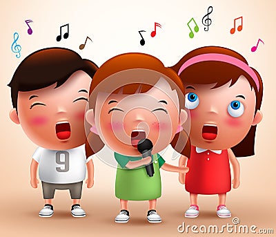 Singing kids vector characters holding microphone and performing Vector Illustration