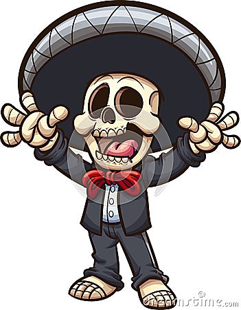 Singing mariachi skeleton with arms up Vector Illustration