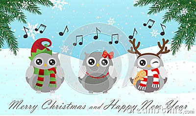 Singing owl. Merry Christmas and Happy New Year Cartoon Illustration
