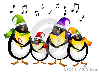 Singing Penguin Christmas Carolers Cartoon Illustration