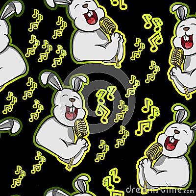 Singing rabbit happy expression with gold microphone funny animal bunny, cute cartoon seamless pattern with song tune and black Vector Illustration