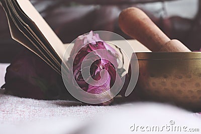 Singing Tibetan yoga bowl. Purple flower and little Book Stock Photo