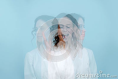 Singing woman, facing three different directions. Triple exposure portrait Stock Photo