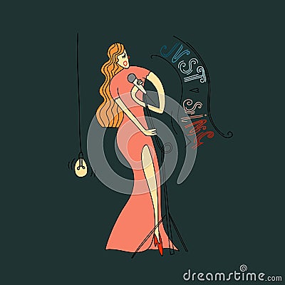 Singing women in red dress. Vector Illustration