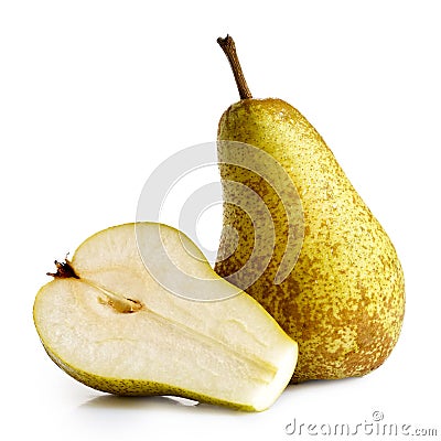 Single abate fetel pear next to a half of pear isolated on white Stock Photo