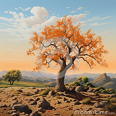 a single apricot tree in a field Stock Photo