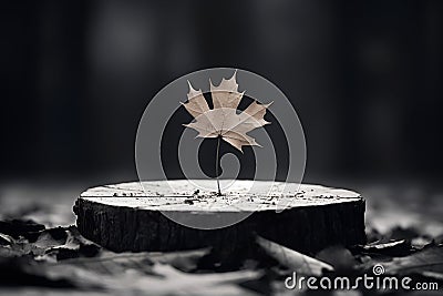 Single autumn leaf on a saw cut of a tree among fallen leaves on ground in autumn covered in raindrop, dark blurred background. Stock Photo