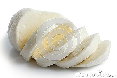 Single ball of mozzarella cheese sliced and isolated on white. Stock Photo