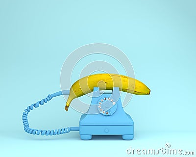 Single banana against blue retro telephone on bluish background. Stock Photo