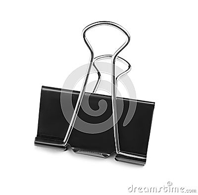 A single binder peg office, isolated on a white background. The black and metallic paper clip. Binder clips or clerical pins for p Stock Photo