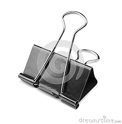 A single binder peg office, isolated on a white background. The black and metallic paper clip. Clerical pins for papers. Stock Photo