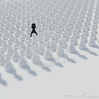 Single black chess pawn standing out among an army of white ones. Digital 3D rendering Stock Photo