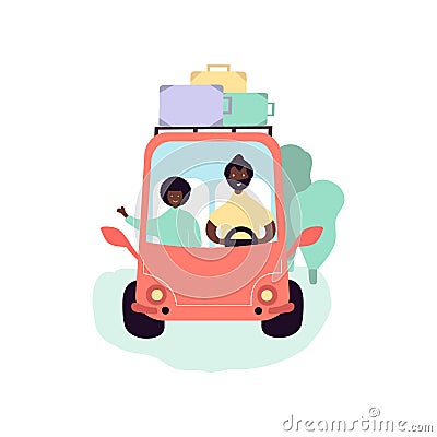Single black father and son african americans going on trip camping on car Vector Illustration