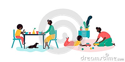 Single black father and son african americans spending time together eating breakfast Vector Illustration