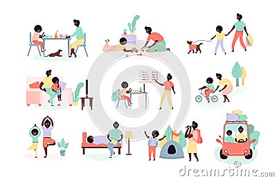 Single black father and son african americans spending time together Vector Illustration