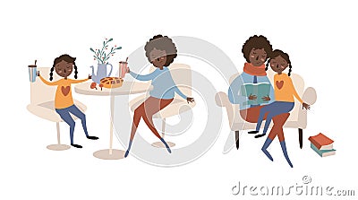 Single black mother and her daughter spending time together Vector Illustration
