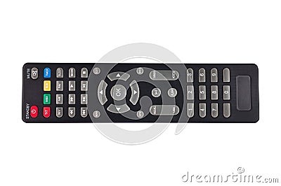 Single black plastic remote control for different multimedia devices isolated on white background Stock Photo