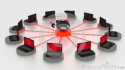 Single bot in the circular center of platforms connected to laptops Cartoon Illustration