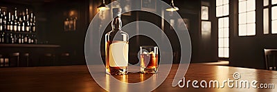 A single bottle of whiskey with glass on the bar counter, dark colored image Stock Photo