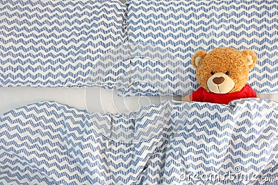 Single brown bear doll wear red shirt sleeping on the bed have space on the left side. Concept waiting for someone to sleep with h Stock Photo