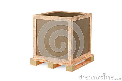 Single brown wooden transport or shipping box or crate on pallet over white background Cartoon Illustration