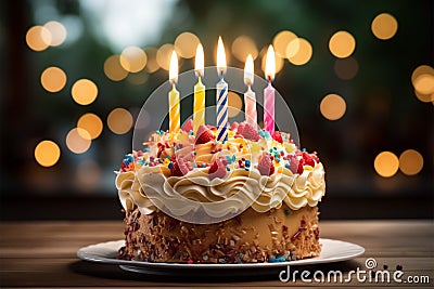 Single candle flickers atop a scrumptious birthday cake centerpiece Stock Photo