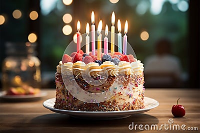 Single candle flickers atop a scrumptious birthday cake centerpiece Stock Photo