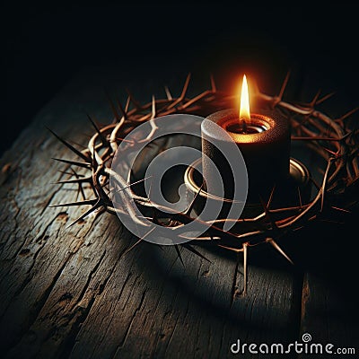 The crown of thorns worn by Jesus, illuminated by a single candle on wooden surface Stock Photo