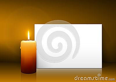 Single Candle Vector with White Paper Panel on Light Brown Background Stock Photo