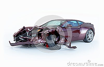 Single car crashed. Purple sport car damaged on the front Stock Photo