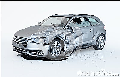 Single car crashed. Silver coupÃ© havily damaged on a side Stock Photo