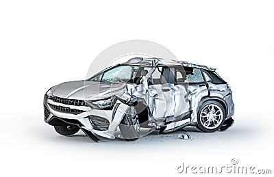 Single car crashed. Silver sedan heavily damaged on a side Stock Photo