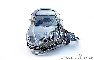 Single car crashed. Silver sport car havily damaged on the front Stock Photo