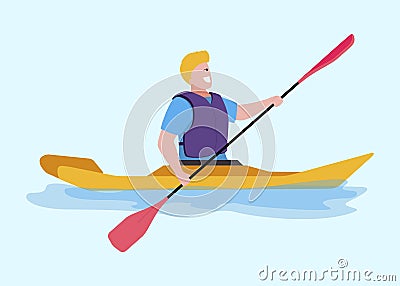 Single Smiling Male Rower on Canoe with Paddle Vector Illustration