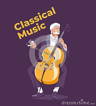 Single cellist in tuxedo isolated on purple background. Vector Illustration