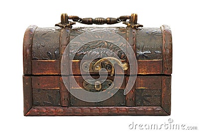 Single closed wooden chest with metal ornament Stock Photo