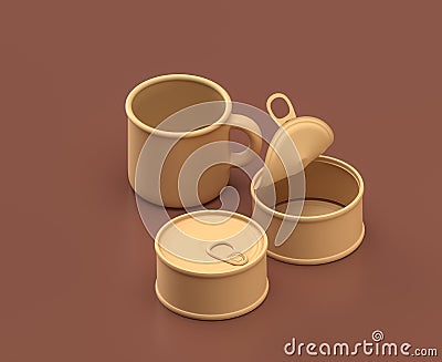 single color tuna cans and a mug in brown background, 3d rendering, mustard-colored camping, hunting objects Stock Photo